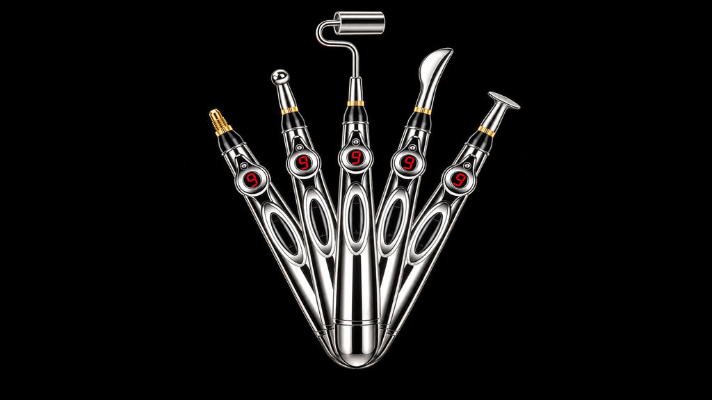 Nuvoshock Meridian Pen with five interchangeable heads on a black background