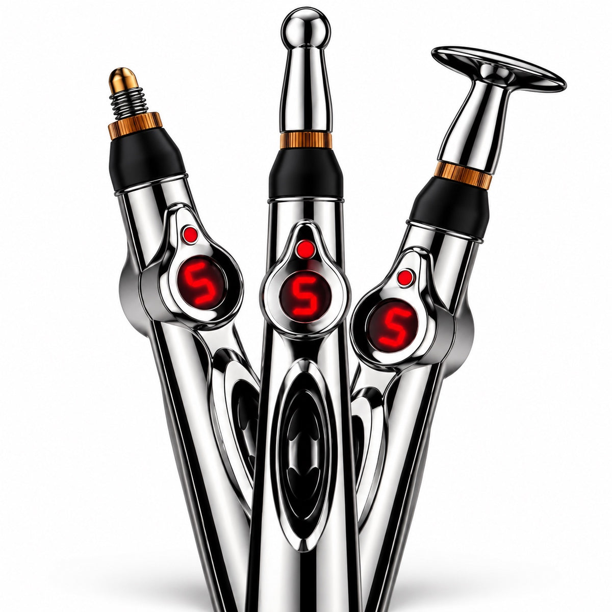 Silver Nuvoshock pen showing three interchangeable head types